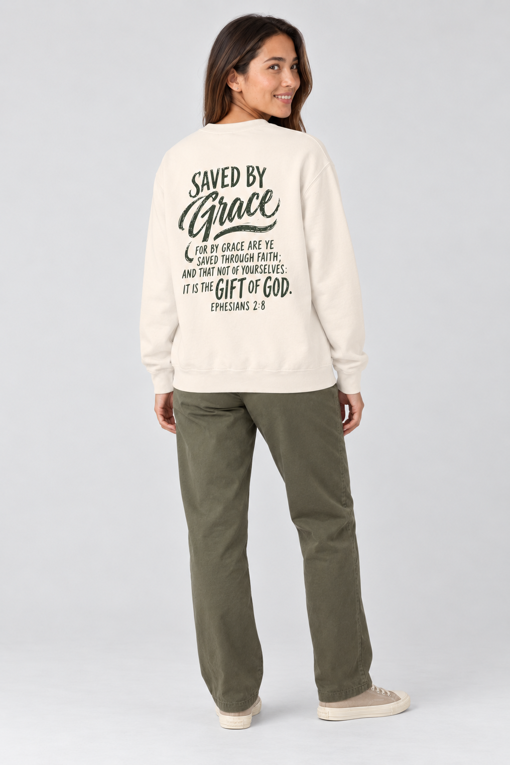 Saved by Grace Sweatshirt in Ivory — full back view.