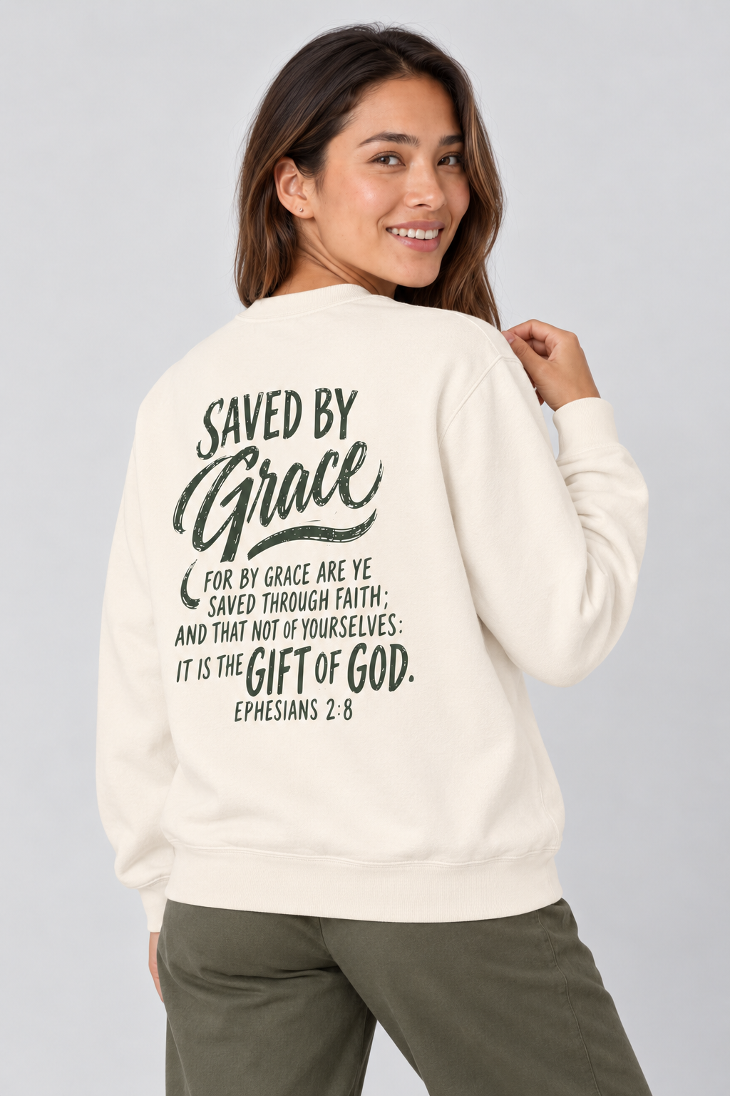 Saved by Grace Sweatshirt in Ivory — back print detail.