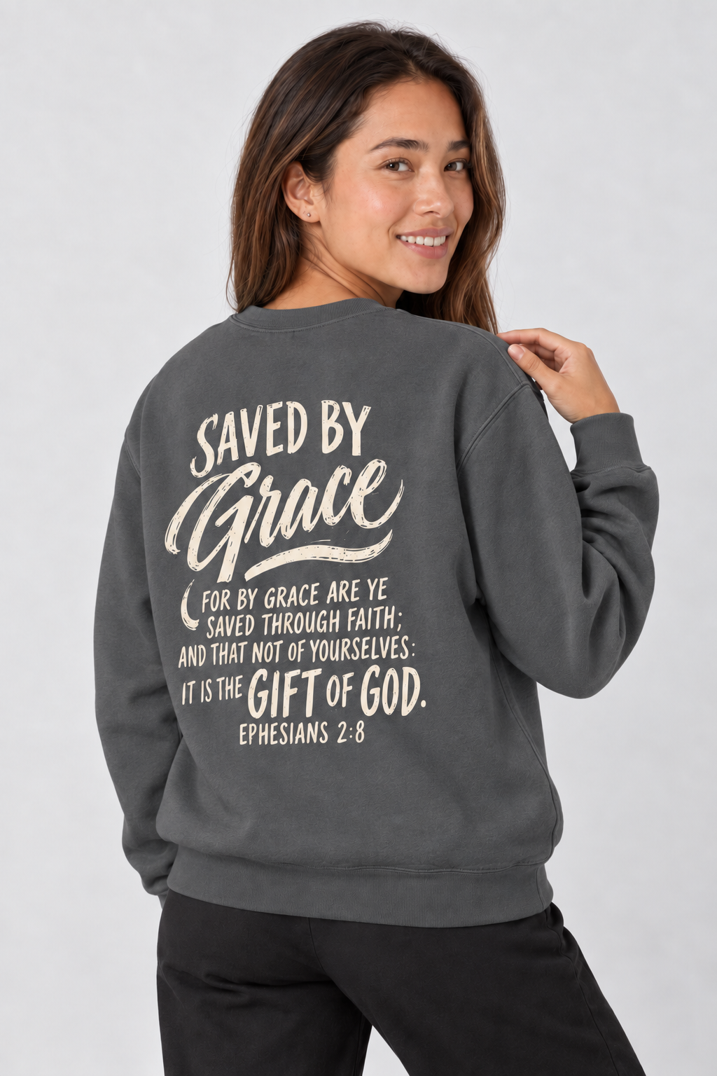 Saved by Grace Sweatshirt in Pepper — back detail pose.