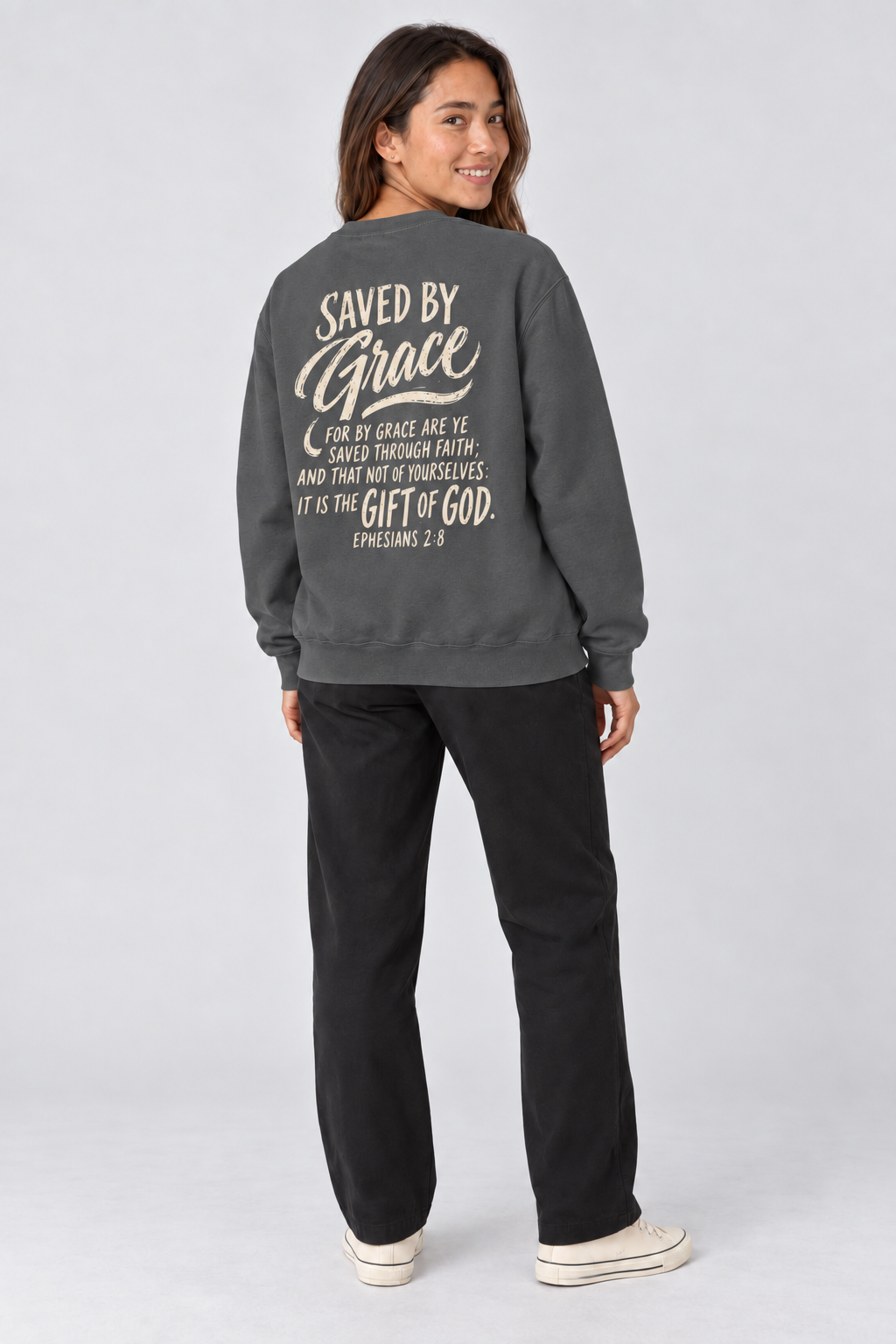 Saved by Grace Sweatshirt in Pepper — back view pose.
