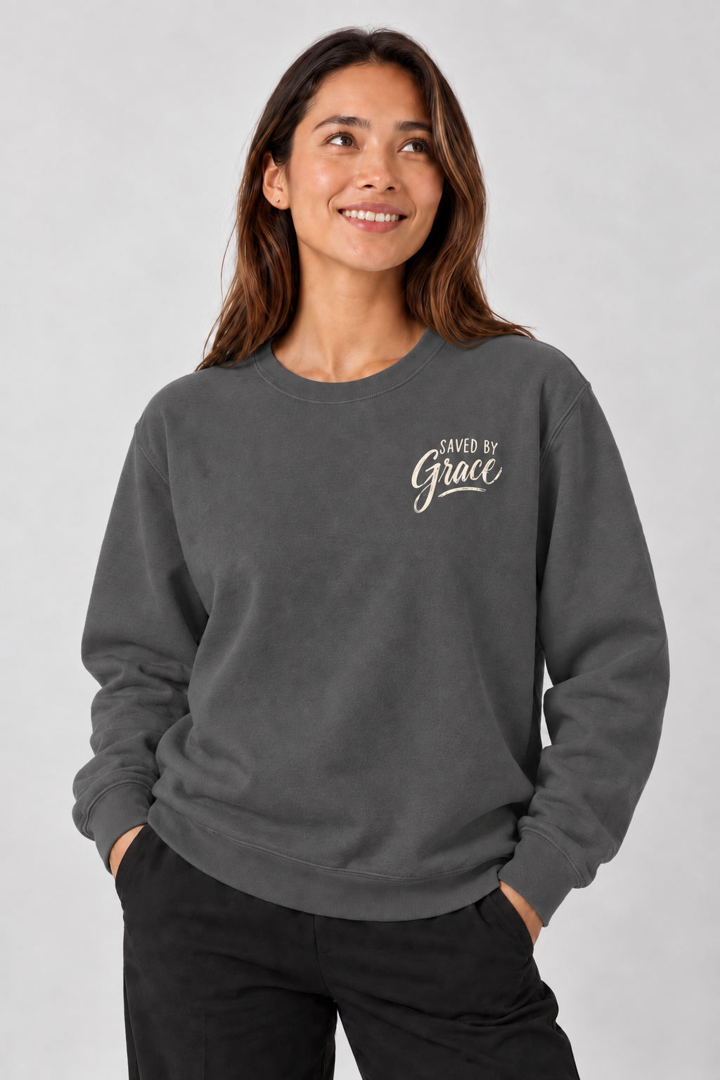 Saved by Grace Sweatshirt in Pepper — looking up pose.