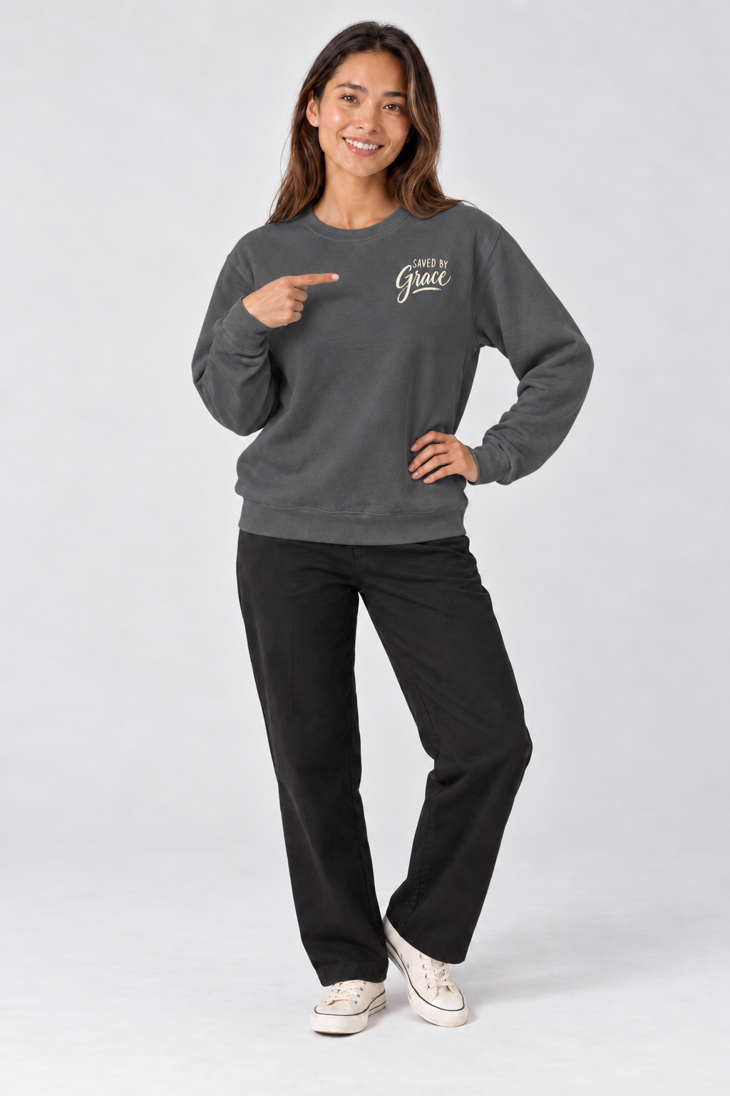 Saved by Grace Sweatshirt in Pepper — standing pose.