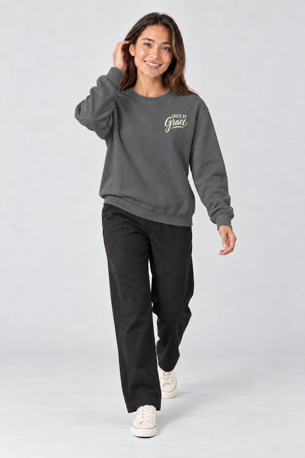 Saved by Grace Sweatshirt in Pepper — walking pose.