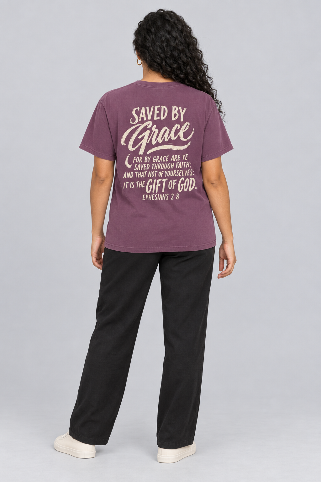 Woman wearing the Berry Saved By Grace Tee in a full back pose.