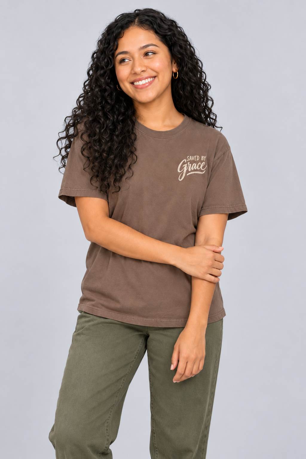 Saved by Grace Tee — Espresso — standing