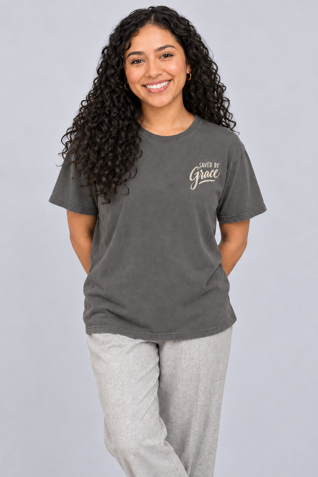 Saved by Grace Tee — Pepper — standing