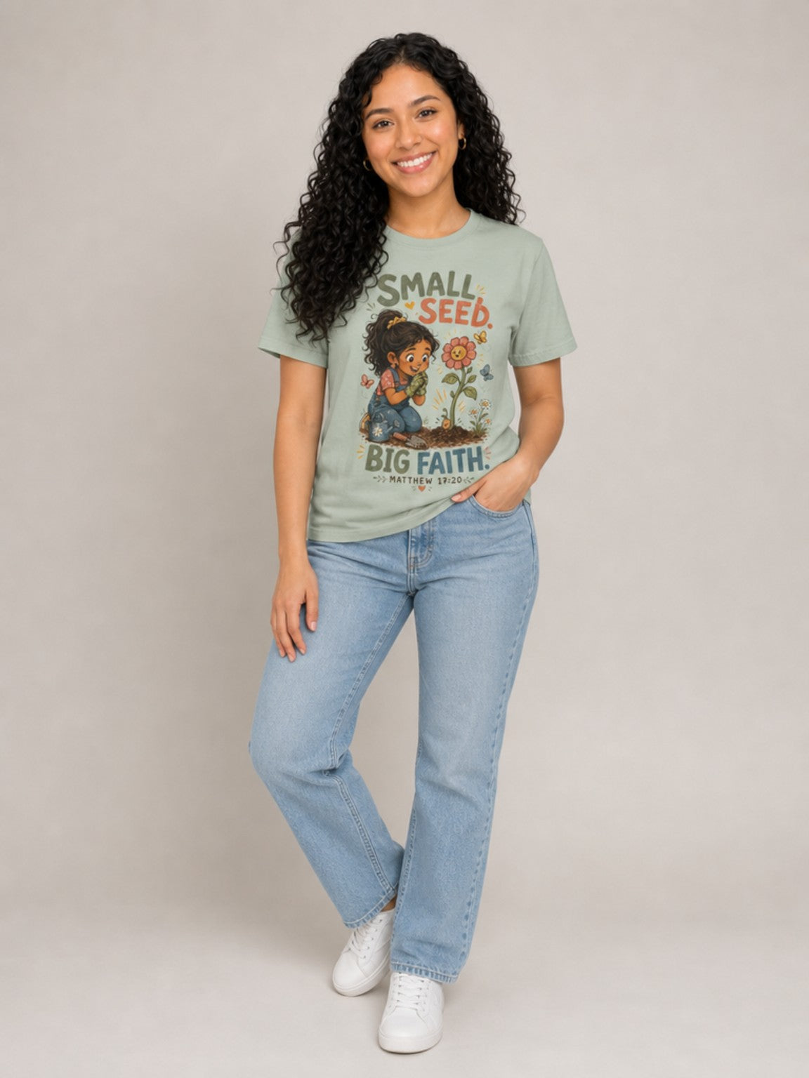 Small Seed, Big Faith Christian tee in Bay, standing