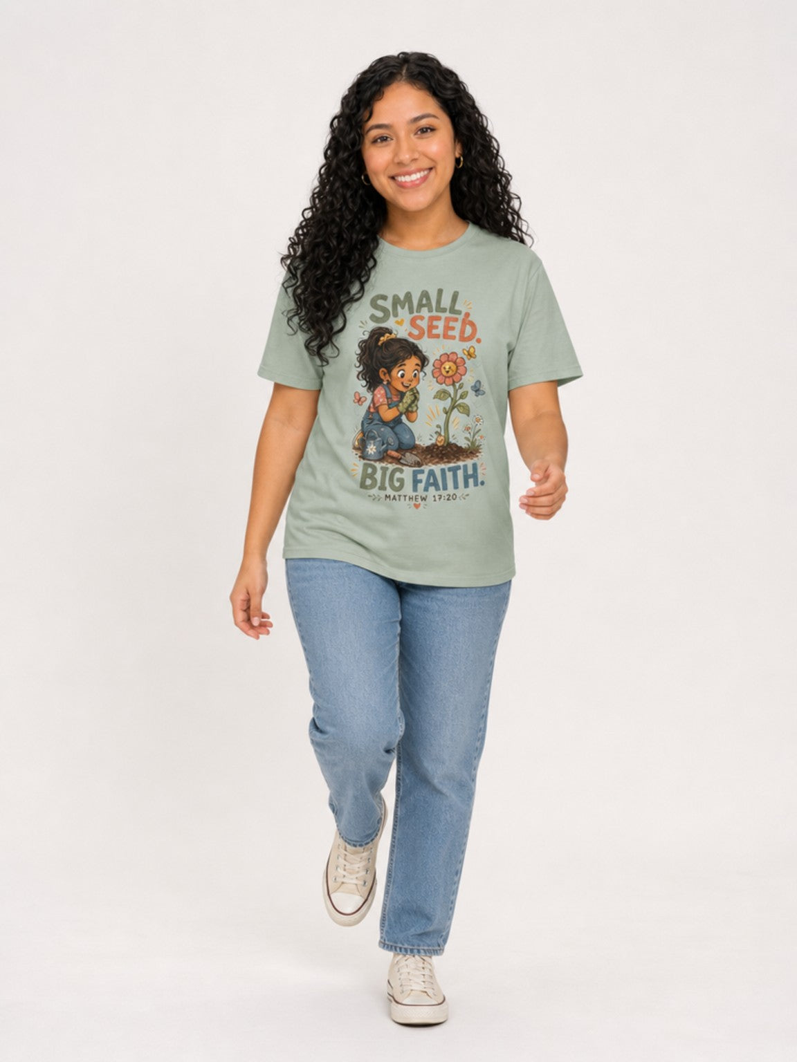 Small Seed, Big Faith Christian tee in Bay, walking