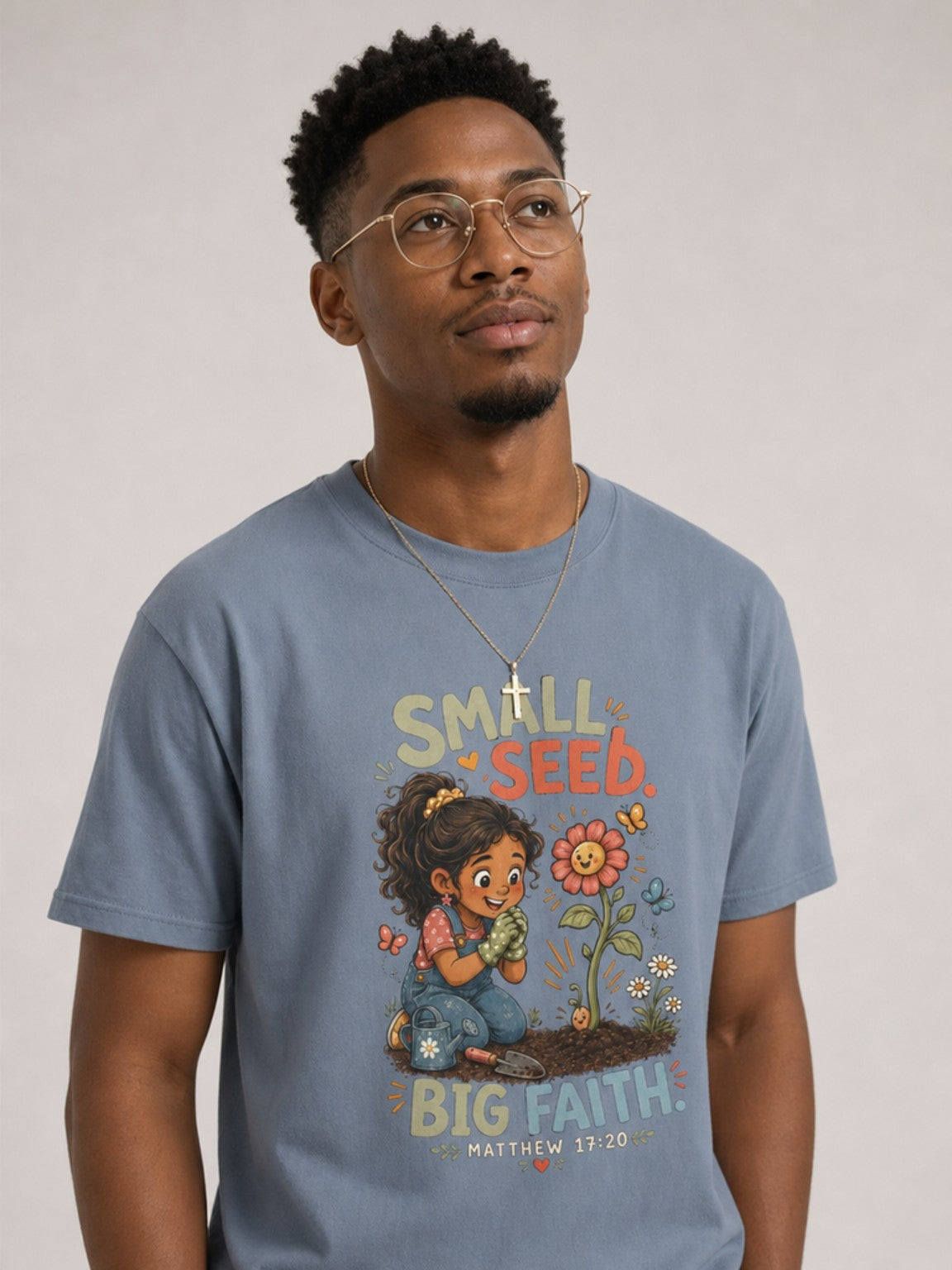 Small Seed, Big Faith Christian tee in Blue Jean, close-up