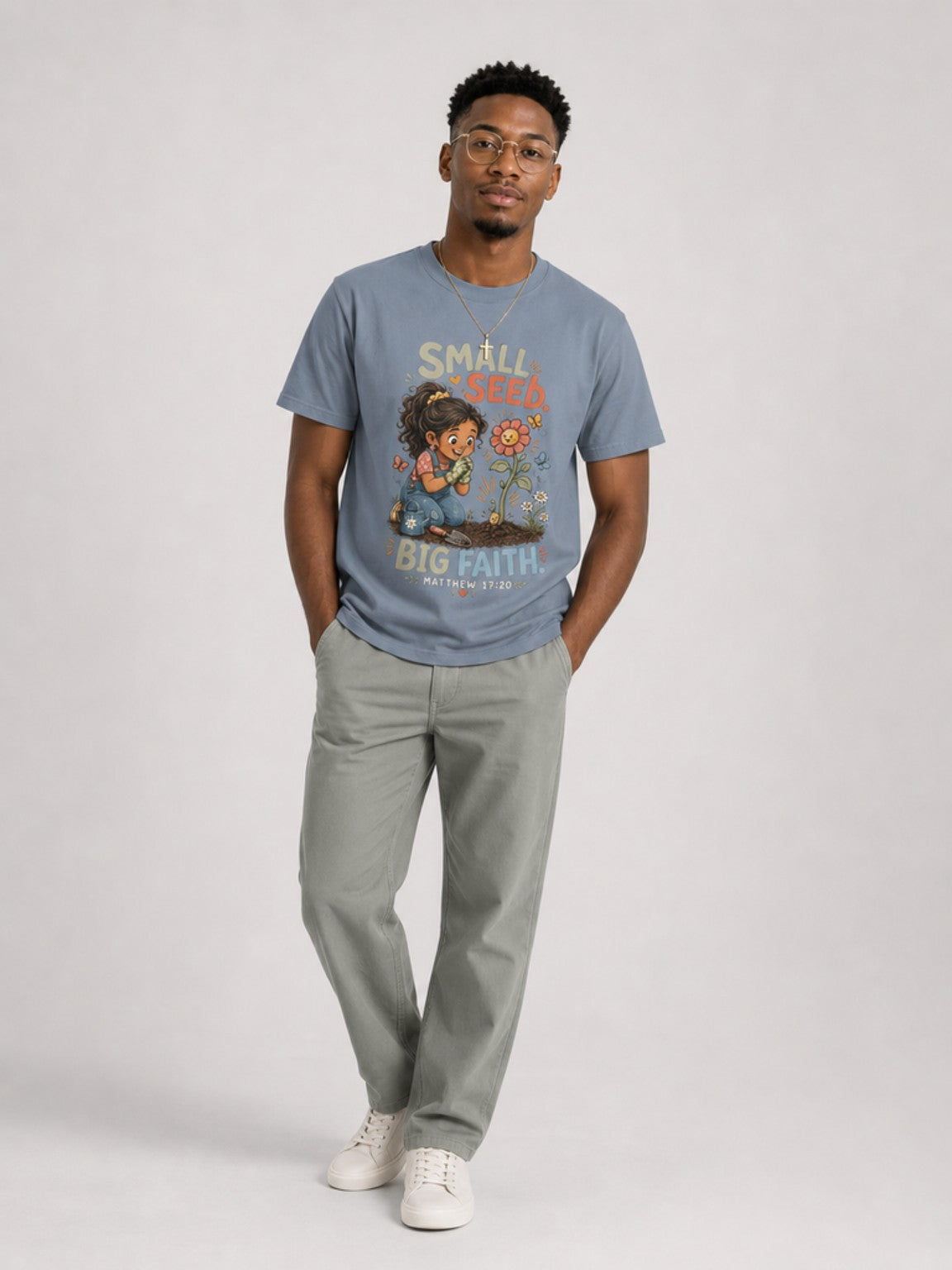 Small Seed, Big Faith Christian tee in Blue Jean, standing