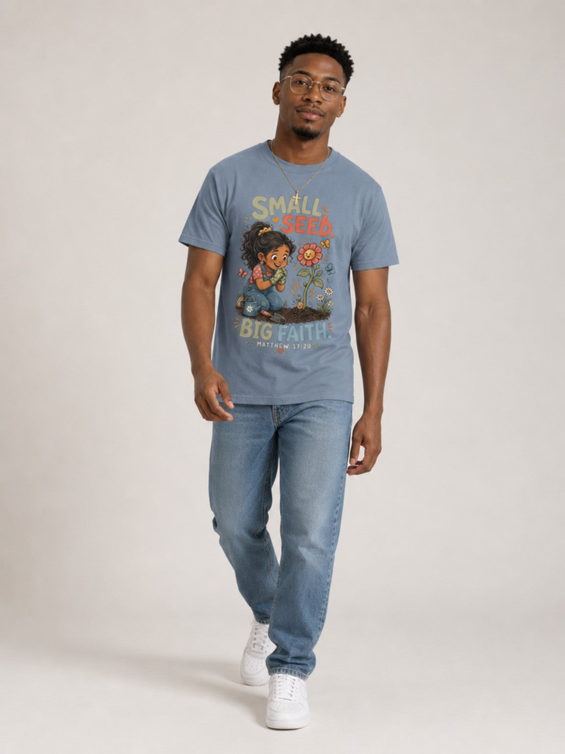 Small Seed, Big Faith Christian tee in Blue Jean, walking