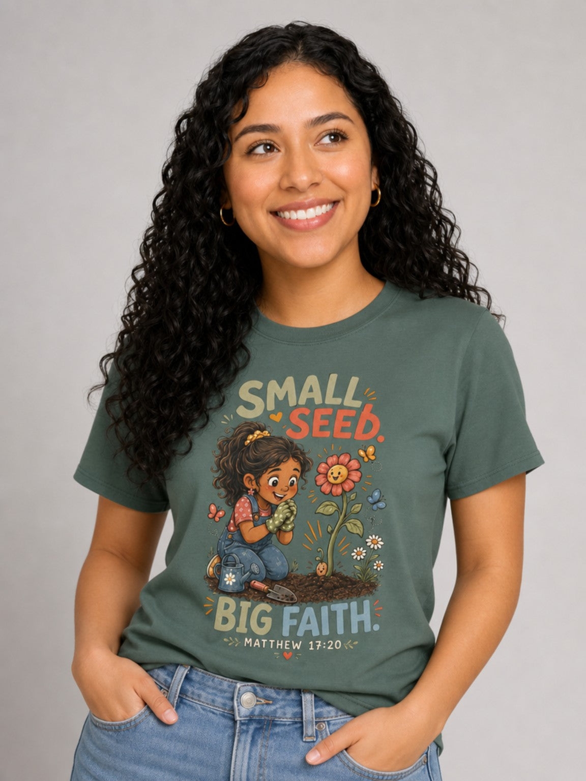 Small Seed, Big Faith Christian tee in Blue Spruce, close-up