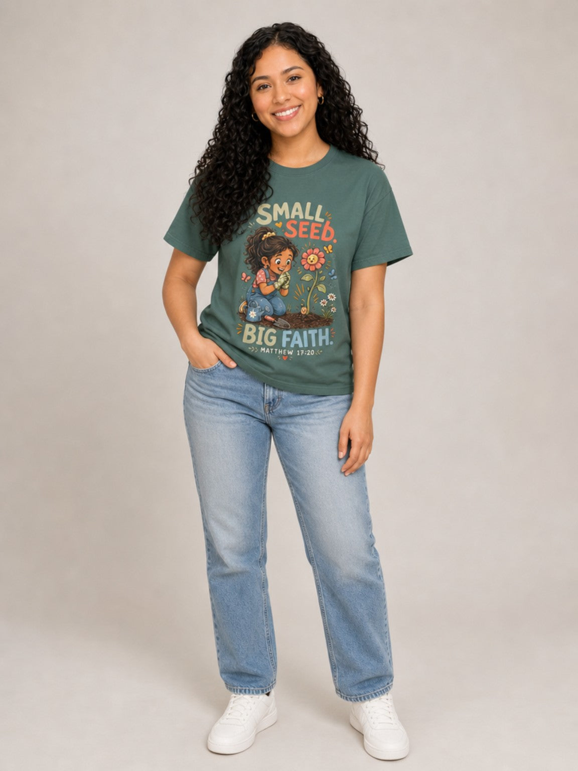 Small Seed, Big Faith Christian tee in Blue Spruce, standing