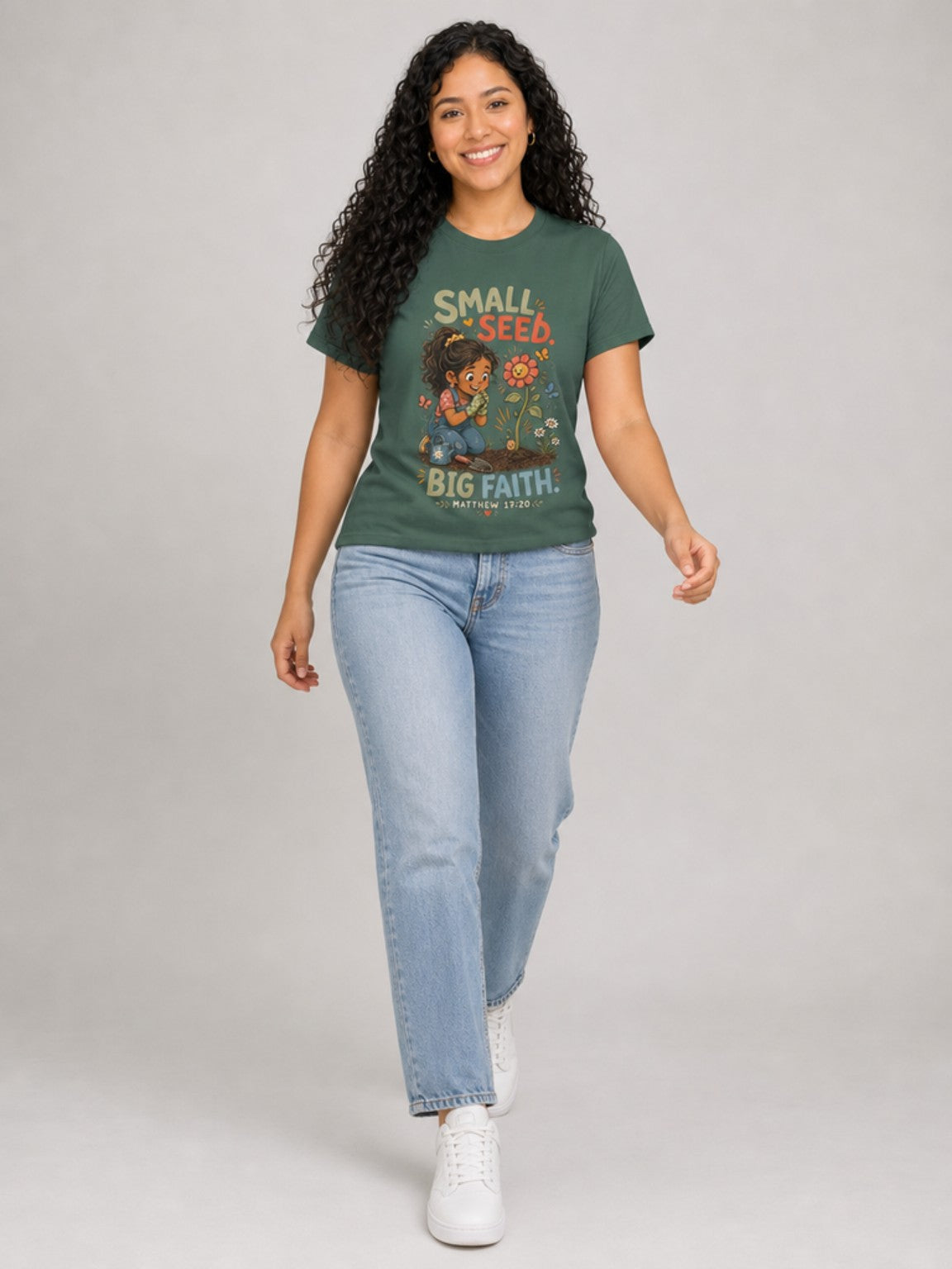 Small Seed, Big Faith Christian tee in Blue Spruce, walking