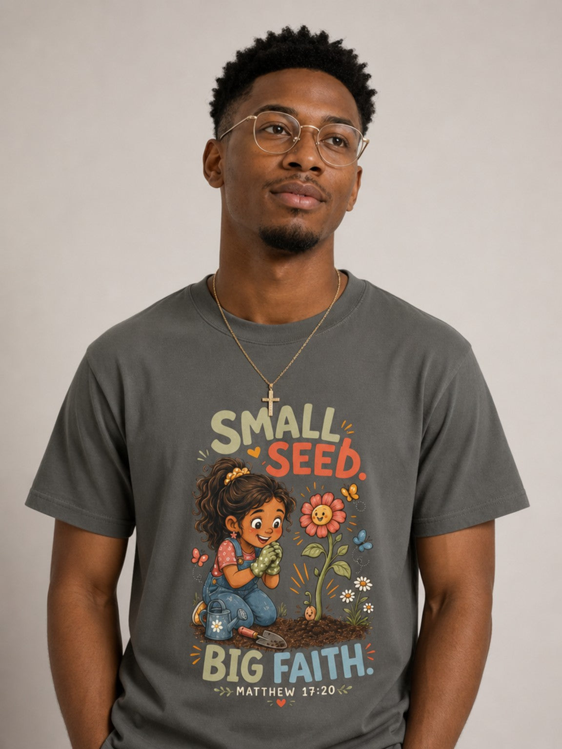 Small Seed, Big Faith Christian tee in Pepper, close-up