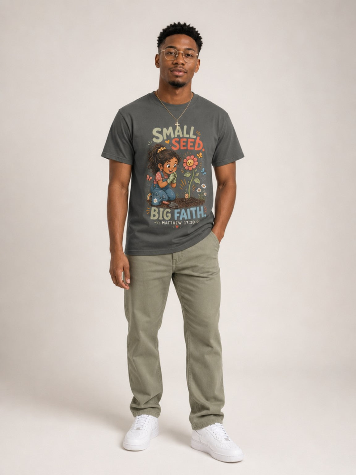 Small Seed, Big Faith Christian tee in Pepper, standing
