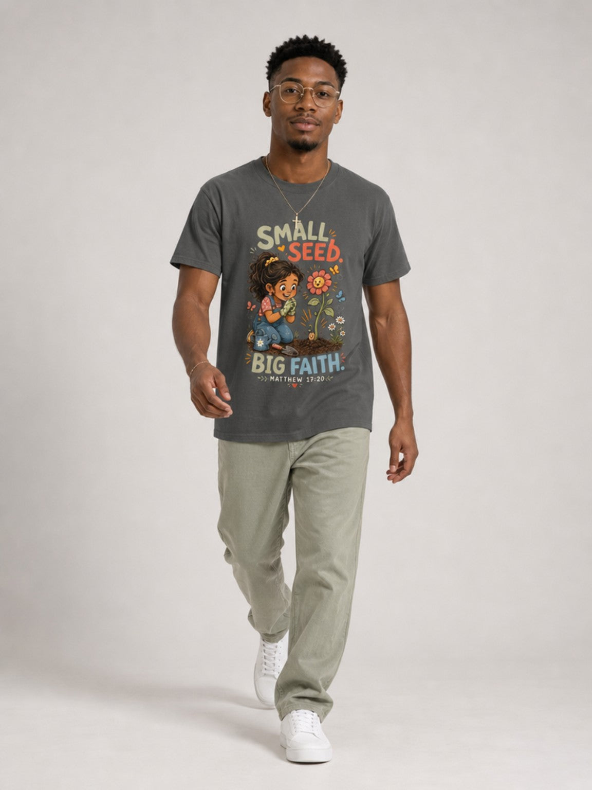 Small Seed, Big Faith Christian tee in Pepper, walking