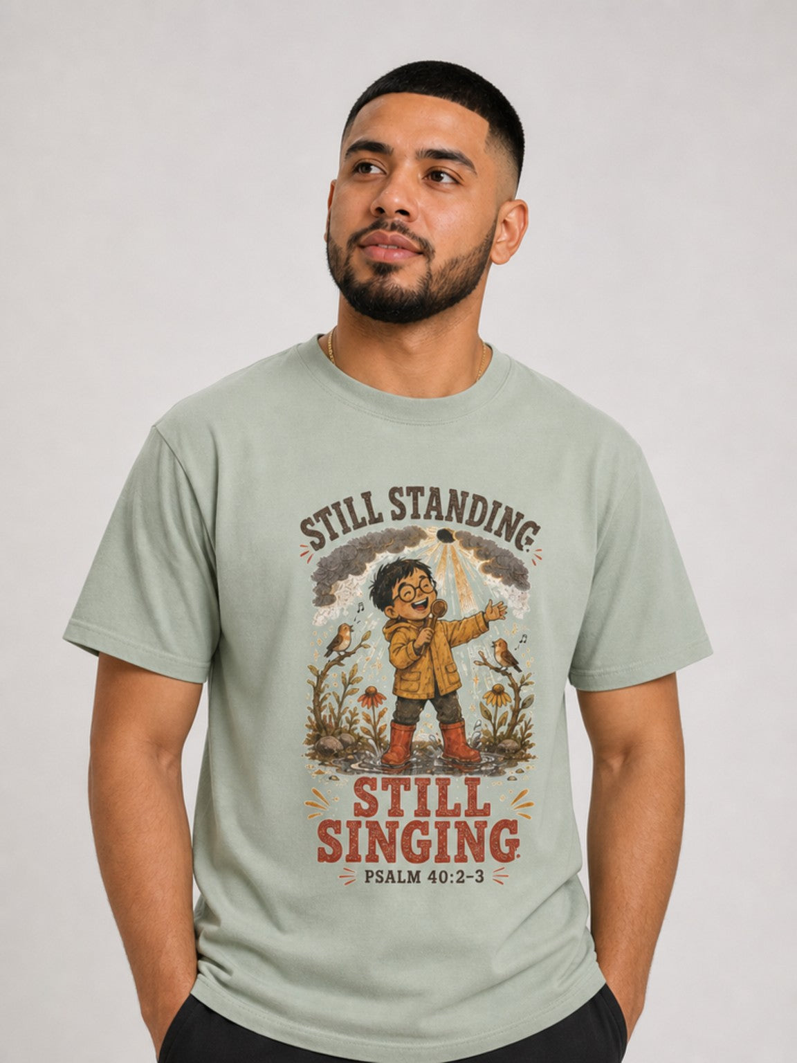 Still Standing, Still Singing Psalm 40:2-3 Comfort Colors tee in Bay, close-up
