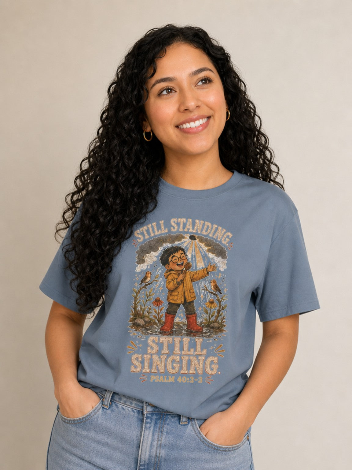 Still Standing, Still Singing Psalm 40:2-3 Comfort Colors tee in Blue Jean, close-up