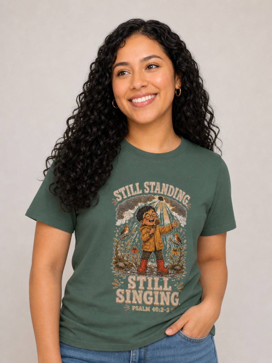 Still Standing, Still Singing Psalm 40:2-3 Comfort Colors tee in Blue Spruce, close-up
