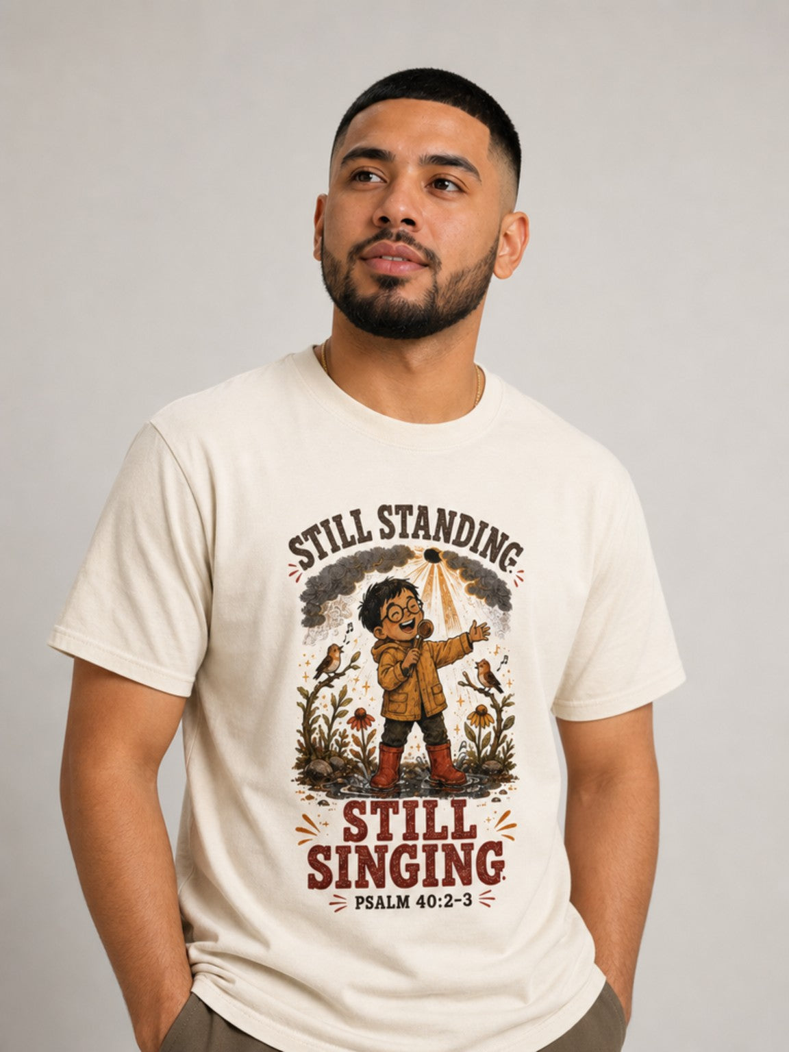Still Standing, Still Singing Psalm 40:2-3 Comfort Colors tee in Ivory, close-up