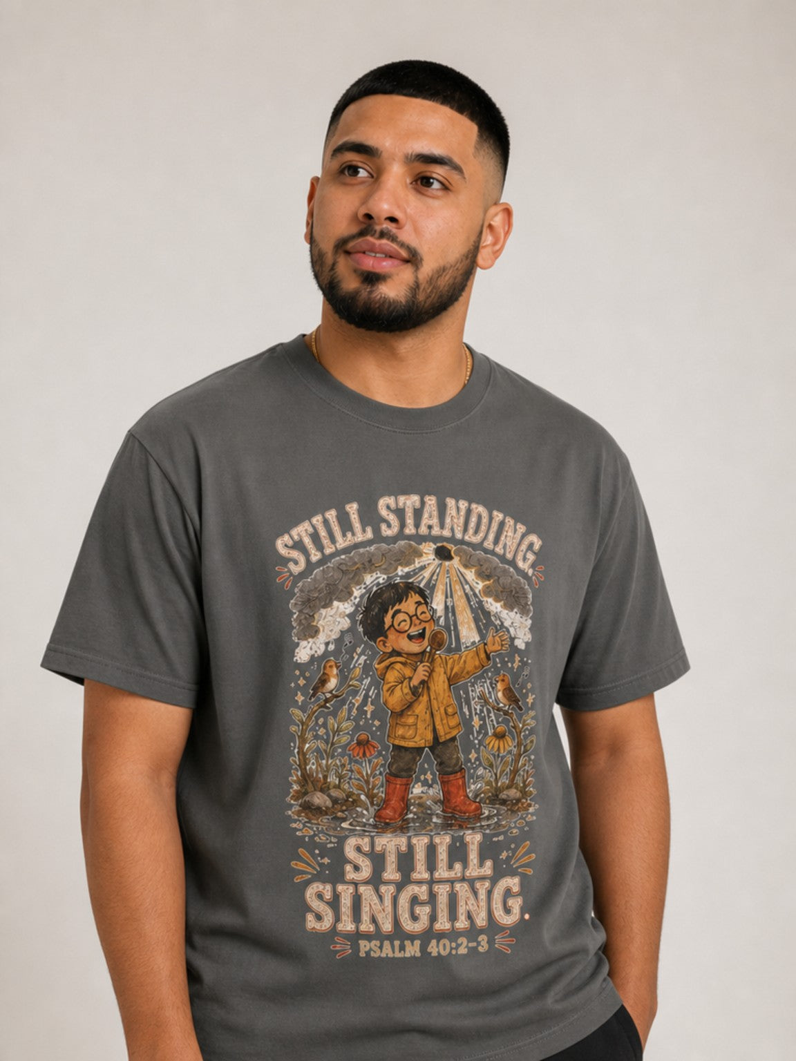 Still Standing, Still Singing Psalm 40:2-3 Comfort Colors tee in Pepper, close-up