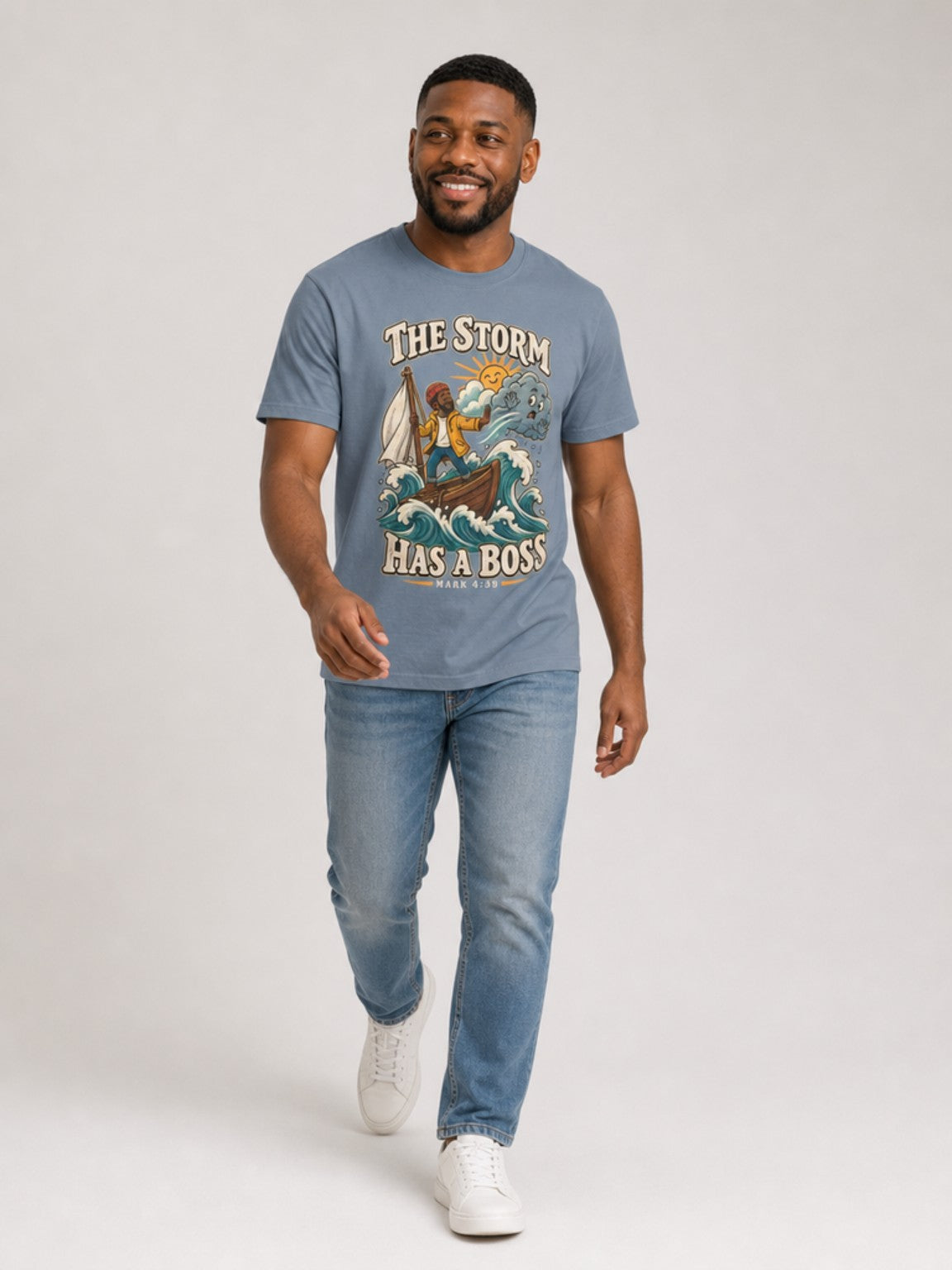 The Storm Has a Boss in Blue Jean, mid-stride walking view