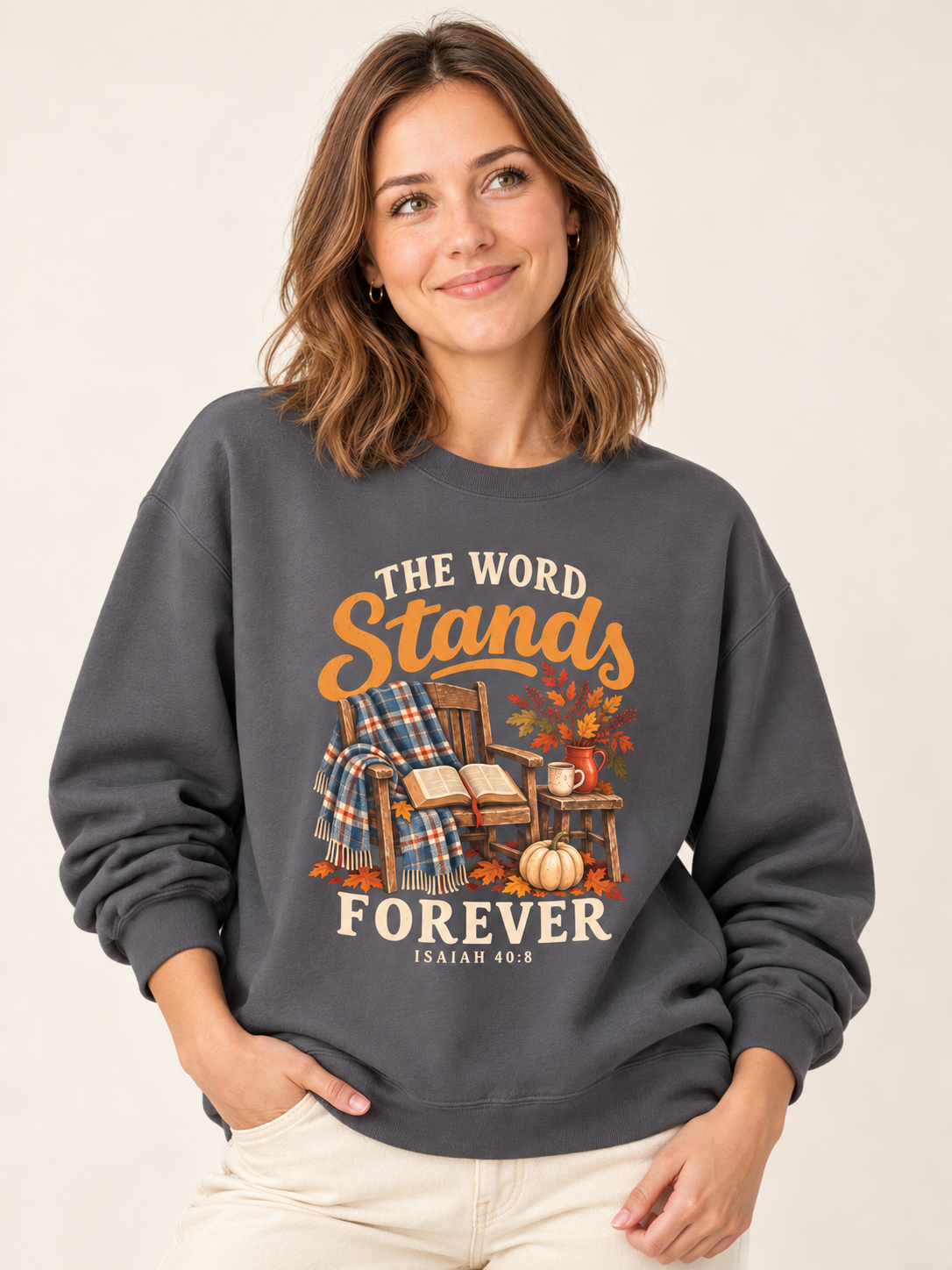 The Word Stands Forever sweatshirt in Charcoal — front design close-up on a model