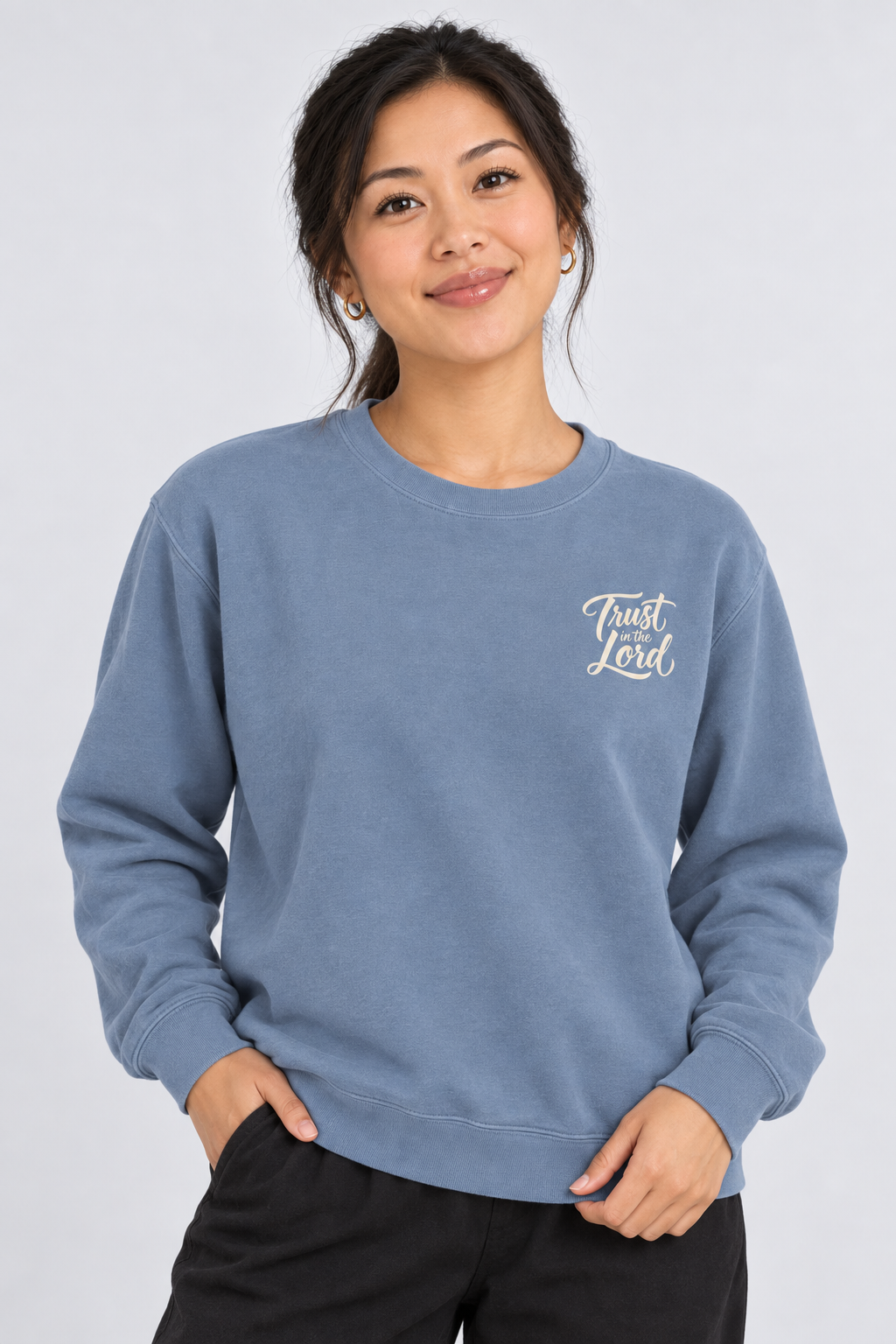 Trust in the Lord Sweatshirt in Blue Jean — front portrait.