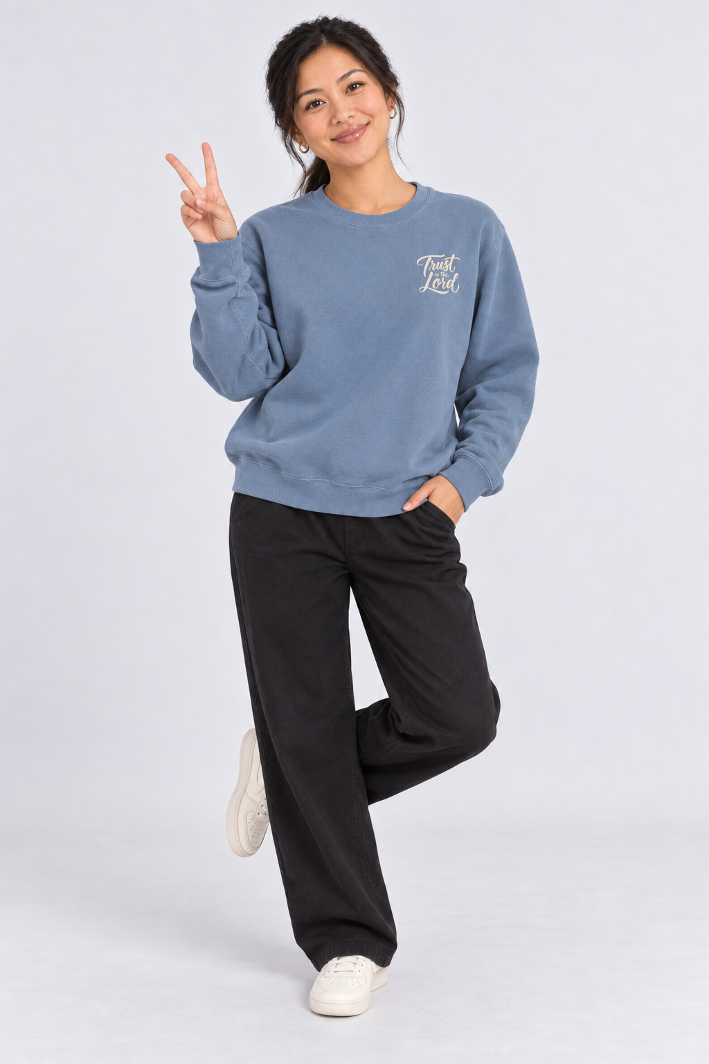 Trust in the Lord Sweatshirt in Blue Jean — standing front view.