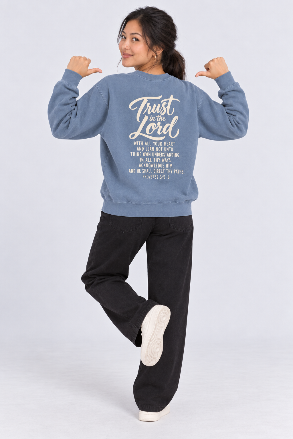 Trust in the Lord Sweatshirt in Blue Jean — full back view.