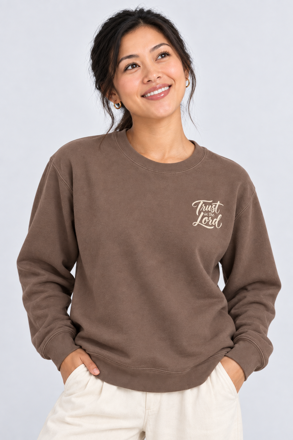 Trust in the Lord Sweatshirt in Espresso — front portrait.