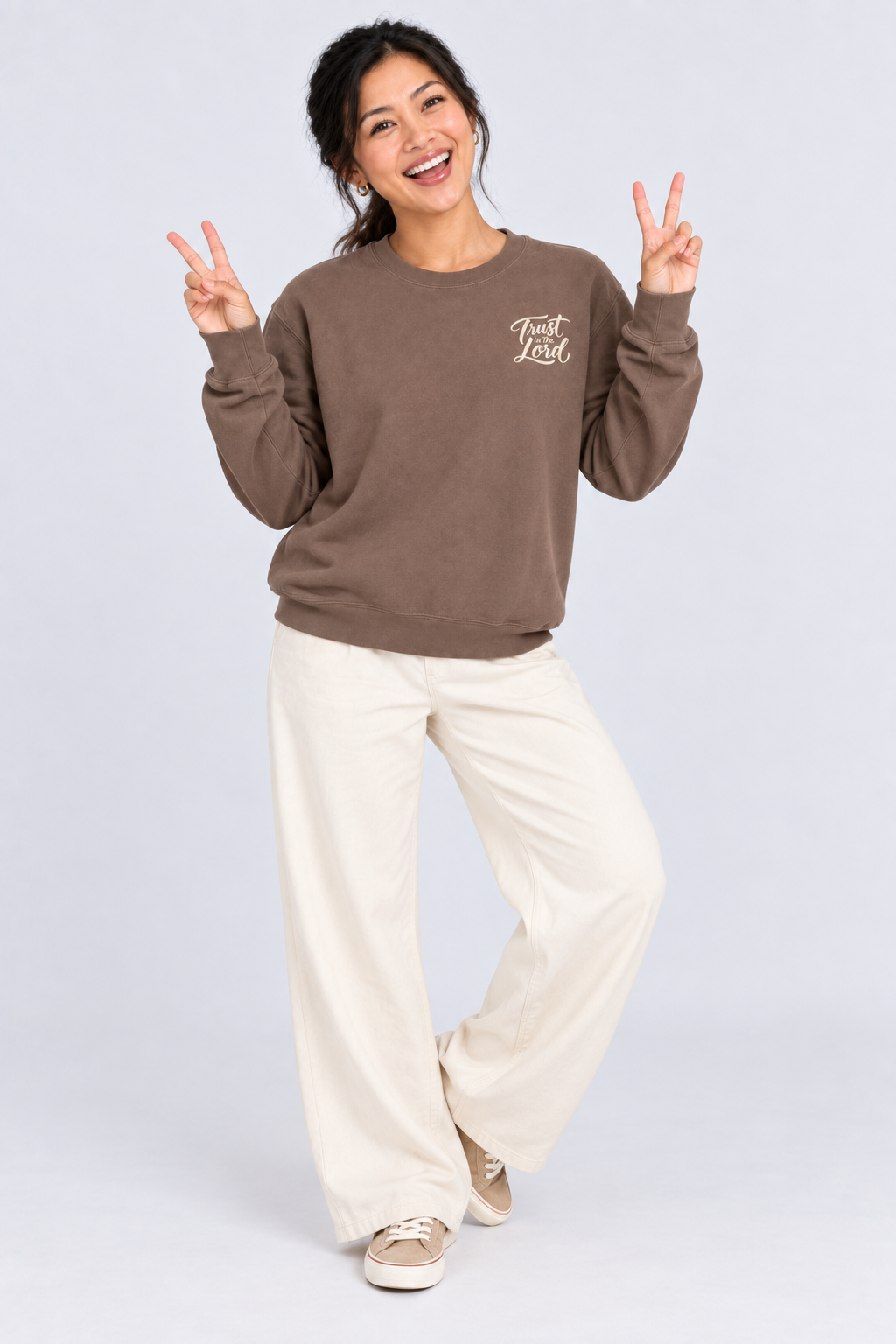 Trust in the Lord Sweatshirt in Espresso — standing front view.