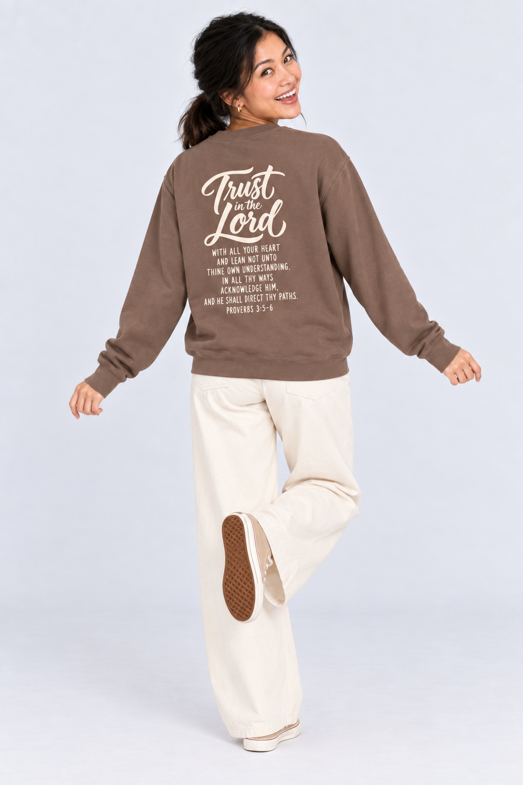 Trust in the Lord Sweatshirt in Espresso — full back view.