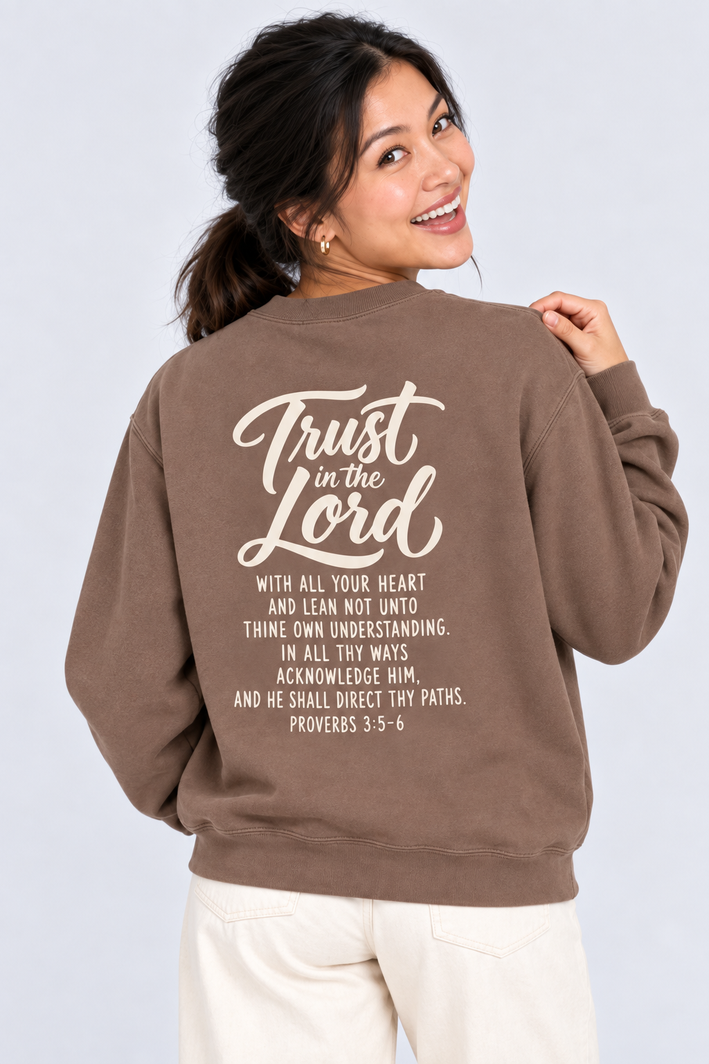 Trust in the Lord Sweatshirt in Espresso — back print detail.