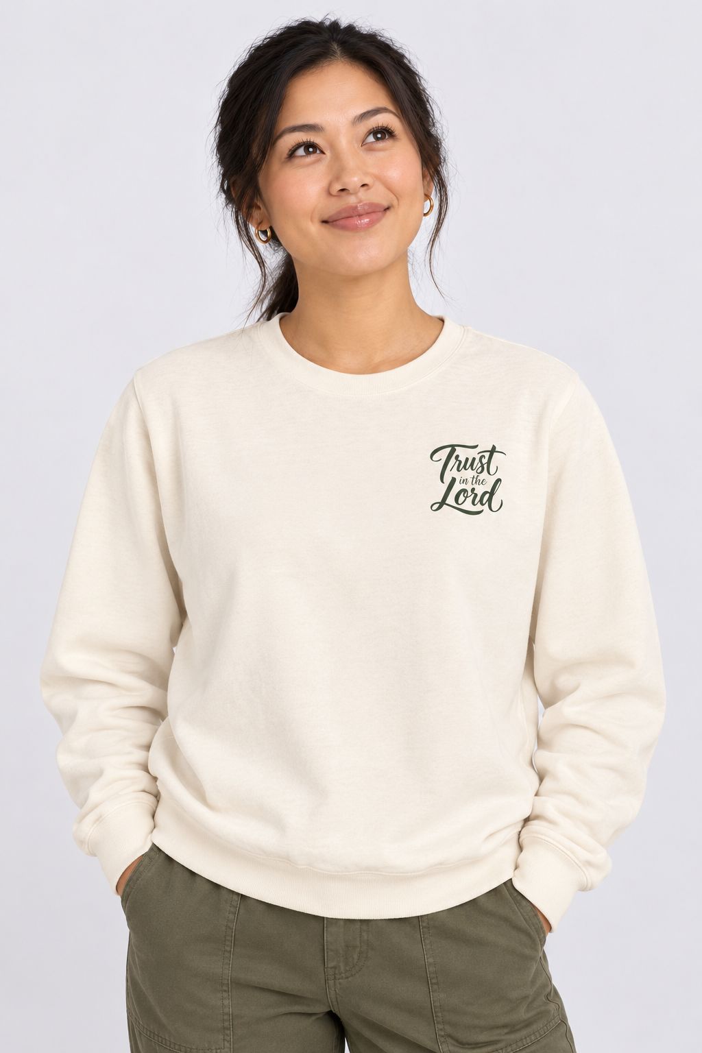 Trust in the Lord Sweatshirt in Ivory — front portrait.