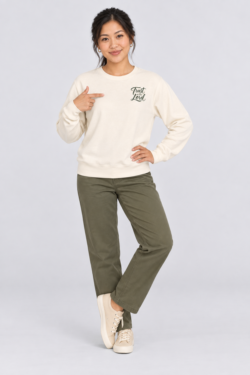 Trust in the Lord Sweatshirt in Ivory — standing front view.