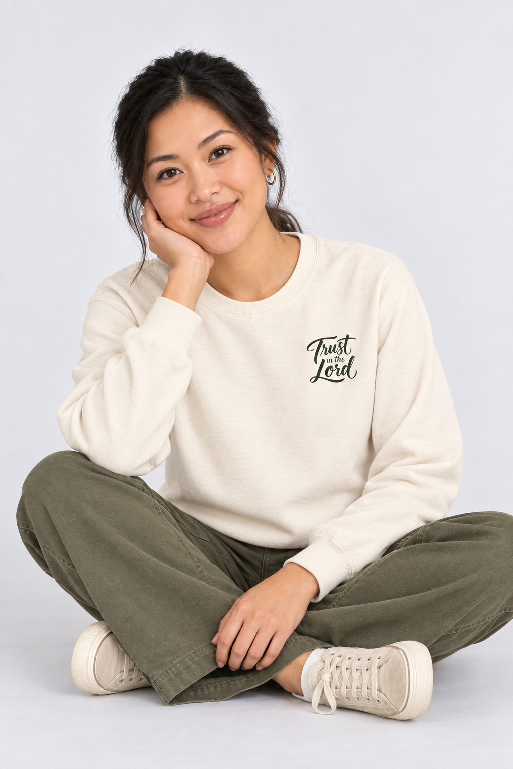 Trust in the Lord Sweatshirt in Ivory — relaxed lifestyle pose.
