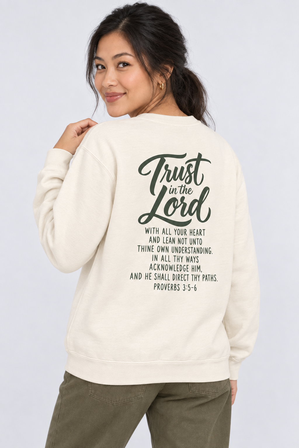 Trust in the Lord Sweatshirt in Ivory — back print detail.