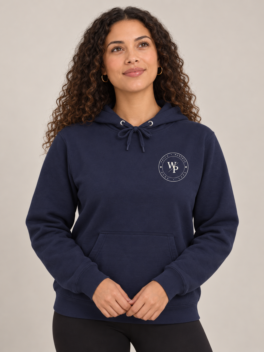 Walk by Faith Hoodie in Navy Blue, looking up view