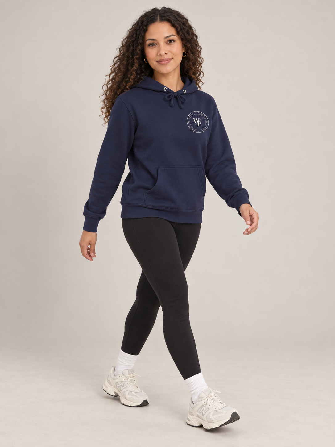 Walk by Faith Hoodie in Navy Blue, walking view