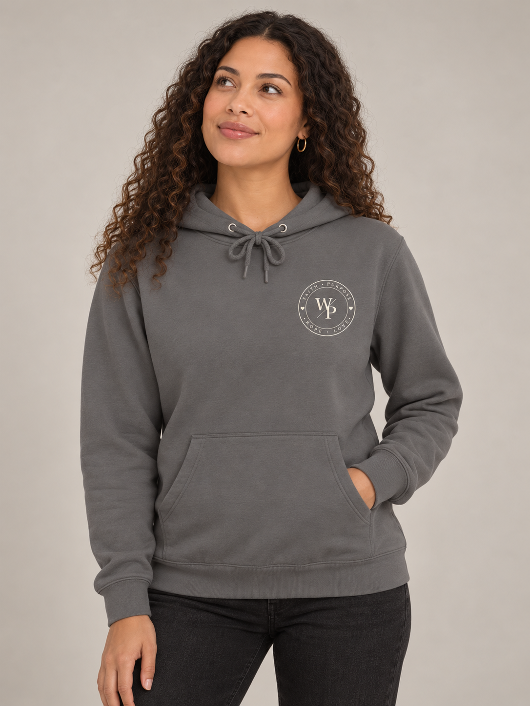Walk by Faith Hoodie in Storm, looking up view