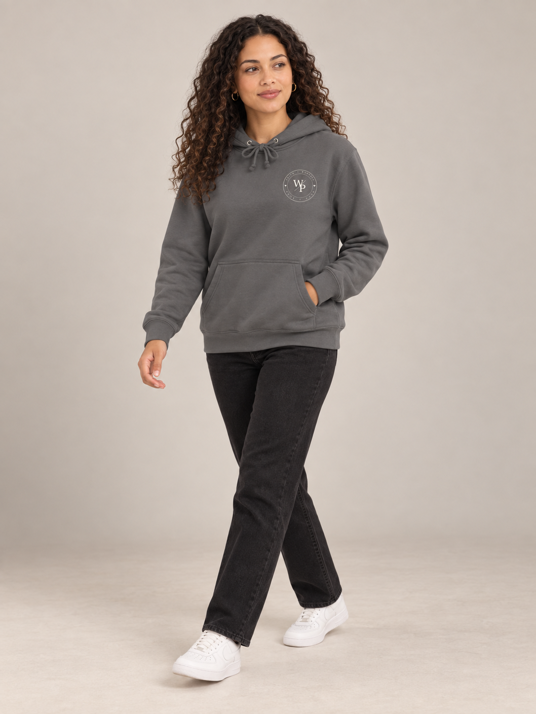 Walk by Faith Hoodie in Storm, walking view