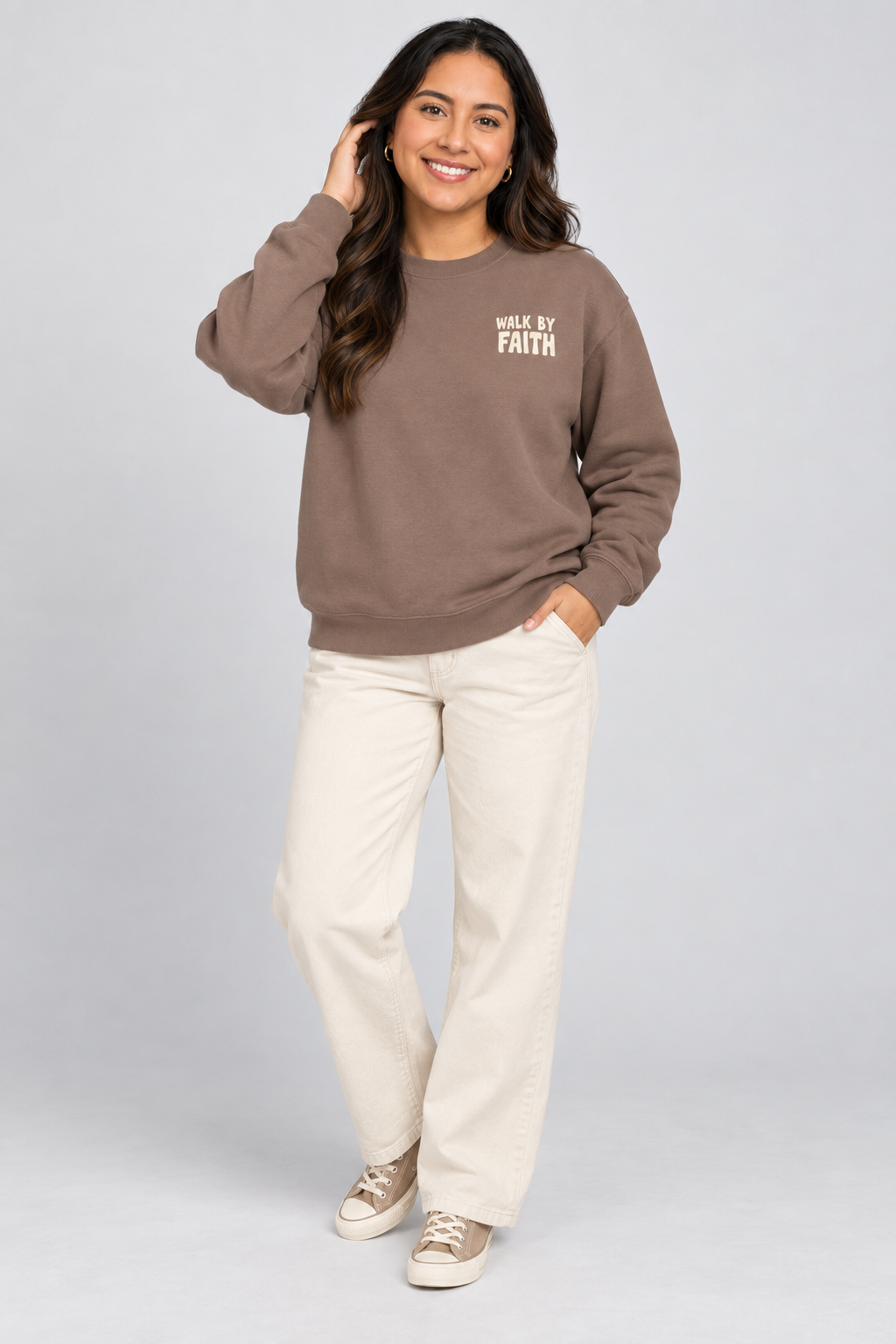 Walk by Faith Sweatshirt in Espresso — standing front view.