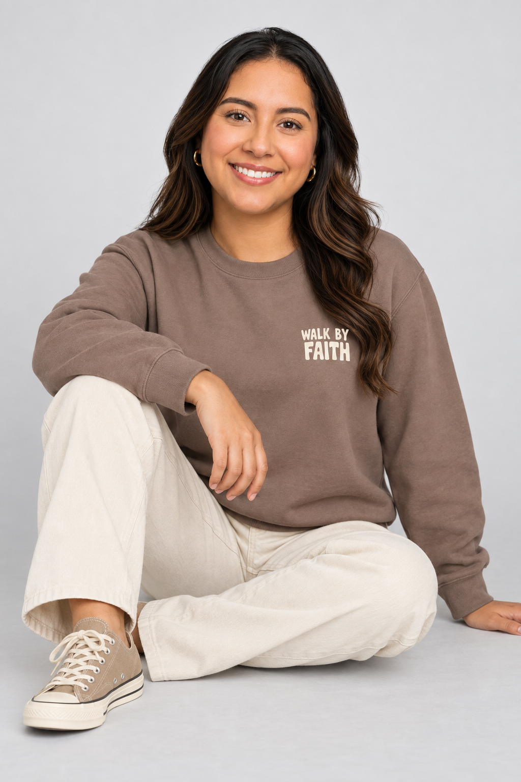 Walk by Faith Sweatshirt in Espresso — relaxed lifestyle pose.