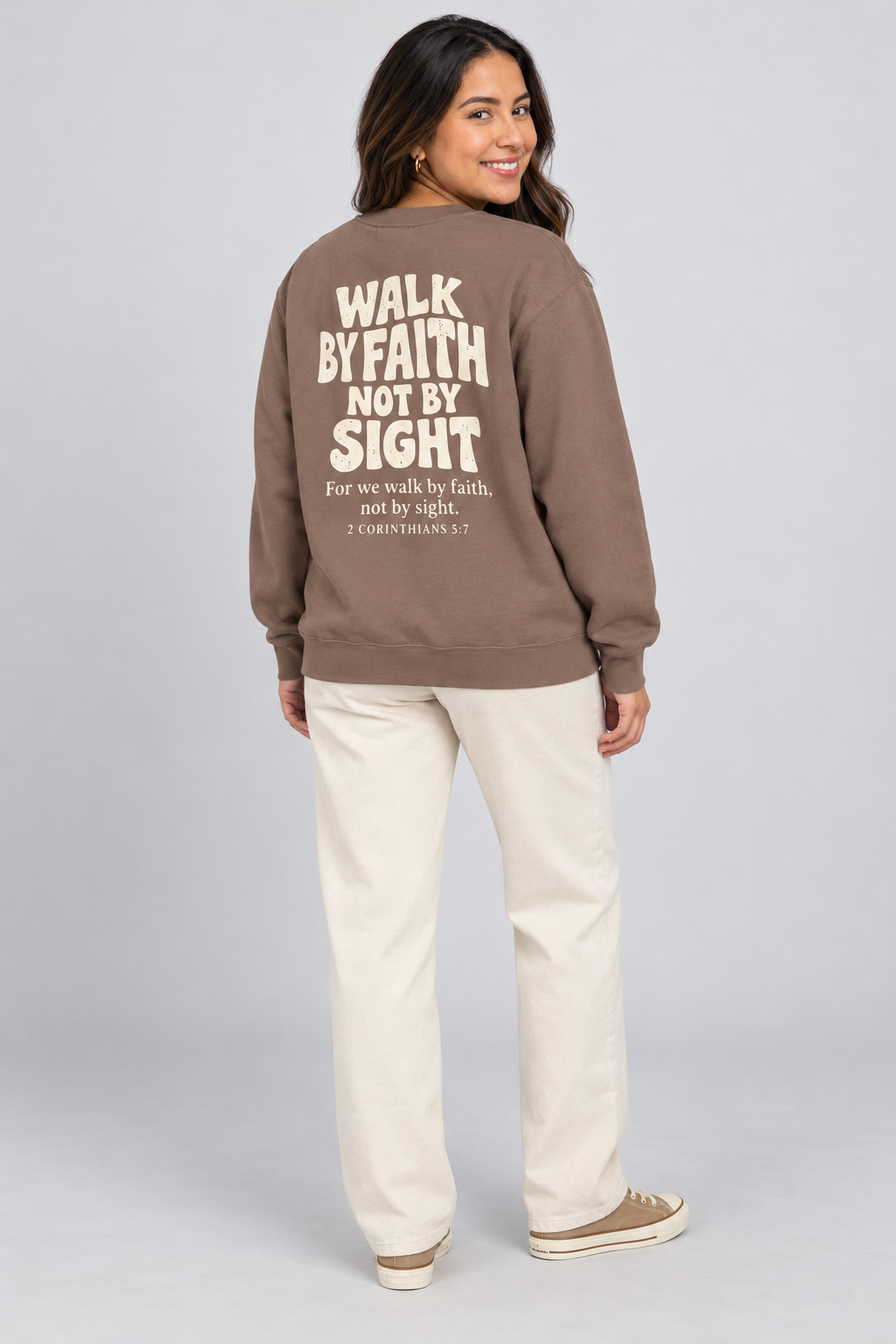 Walk by Faith Sweatshirt in Espresso — full back view.