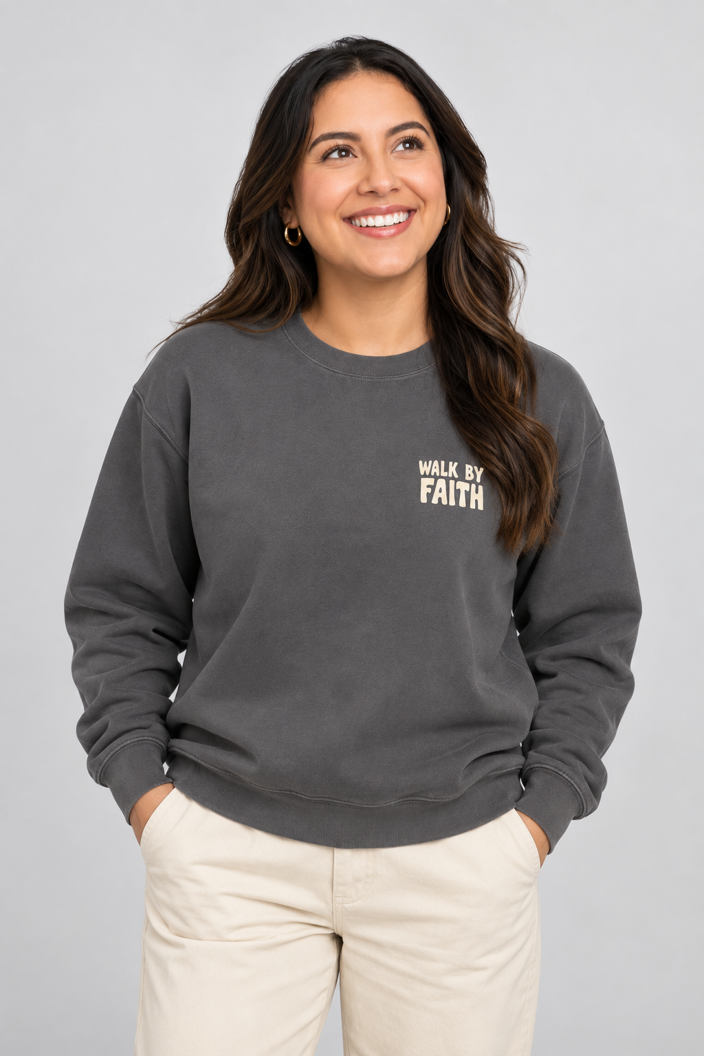 Walk by Faith Sweatshirt in Pepper — front portrait.