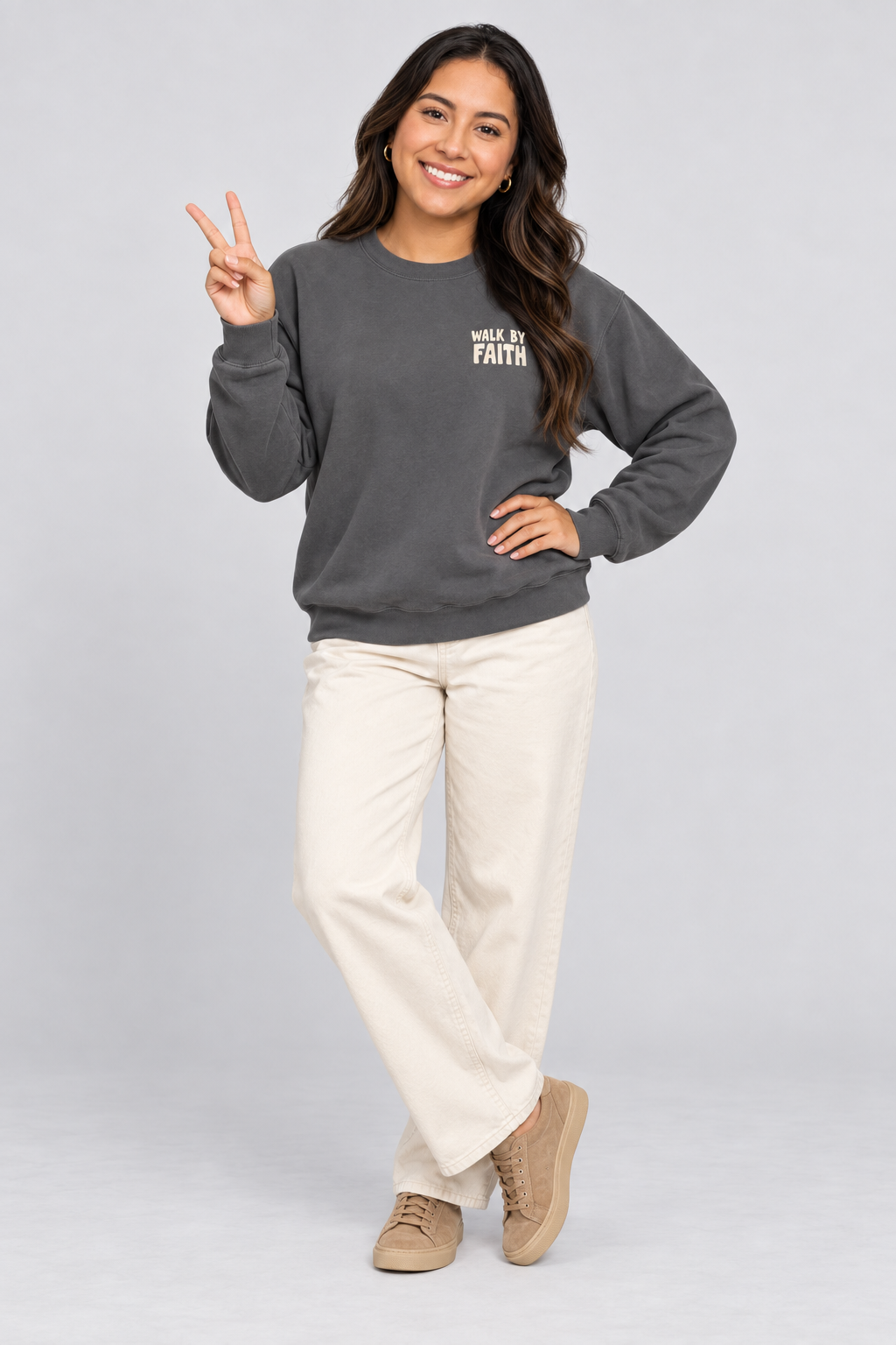 Walk by Faith Sweatshirt in Pepper — standing front view.