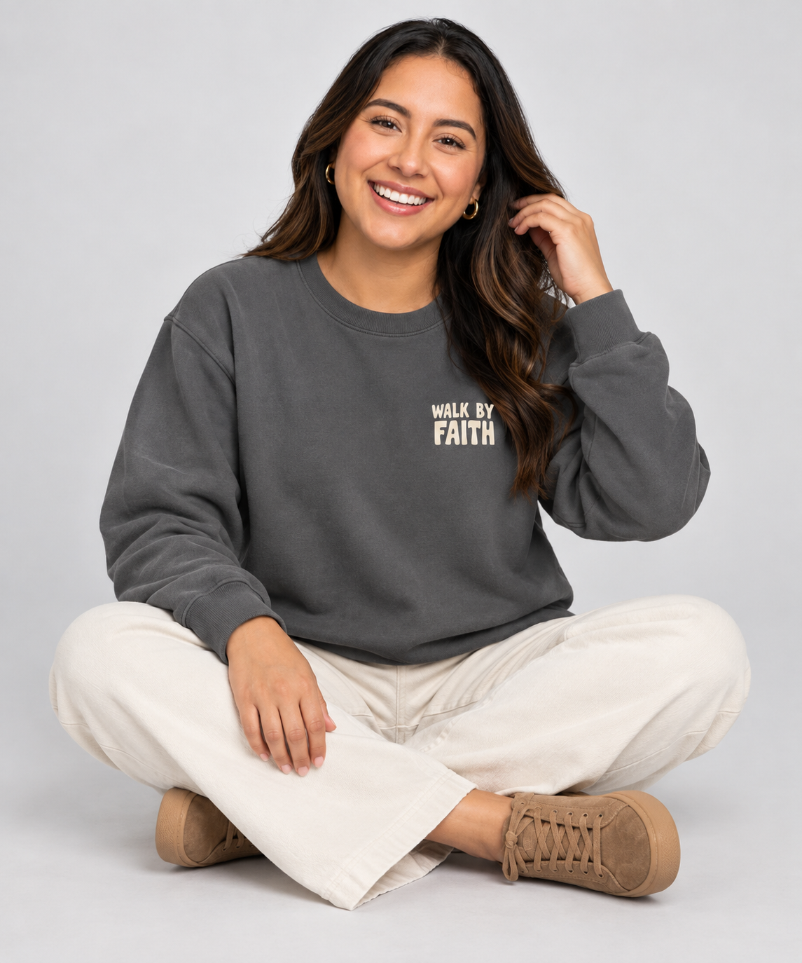 Walk by Faith Sweatshirt in Pepper — relaxed lifestyle pose.