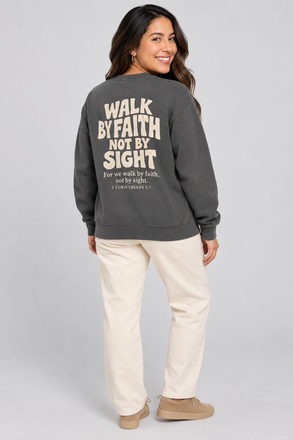 Walk by Faith Sweatshirt in Pepper — full back view.